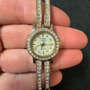 Figaro Couture Quartz Wrist Watch Rhinestone Round Dial Gold Tone Band TImepiece